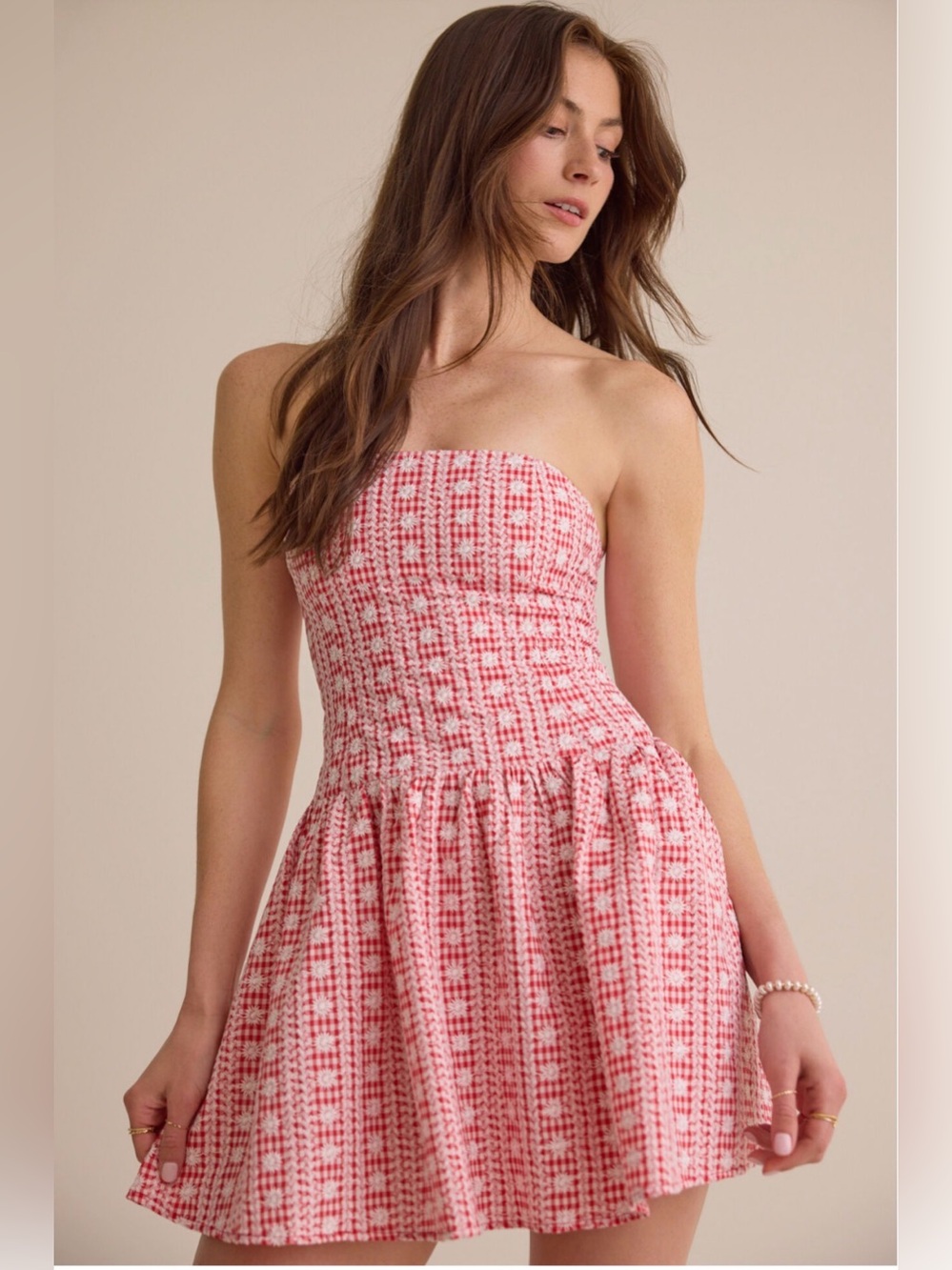 NWT Altar’d State Strapless Mini Dress XL Red White Gingham Embroidered